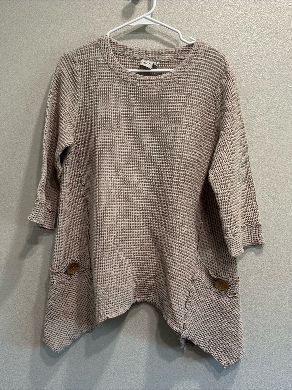 Focus Waffle-Knit Tunic Top,3/4 sleeve,cotton,lagenlook,beige